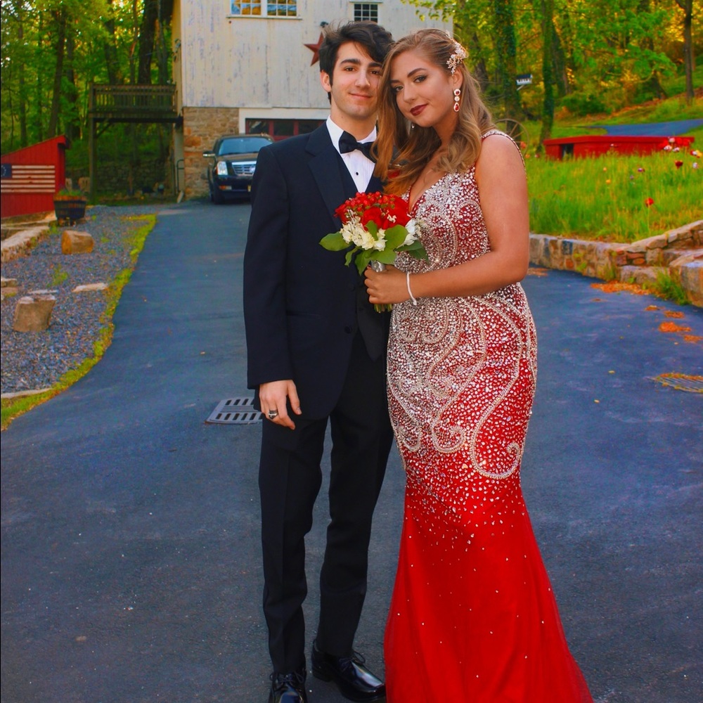 RED CRYSTAL BEADED PROM DRESS MERMAID STYLE